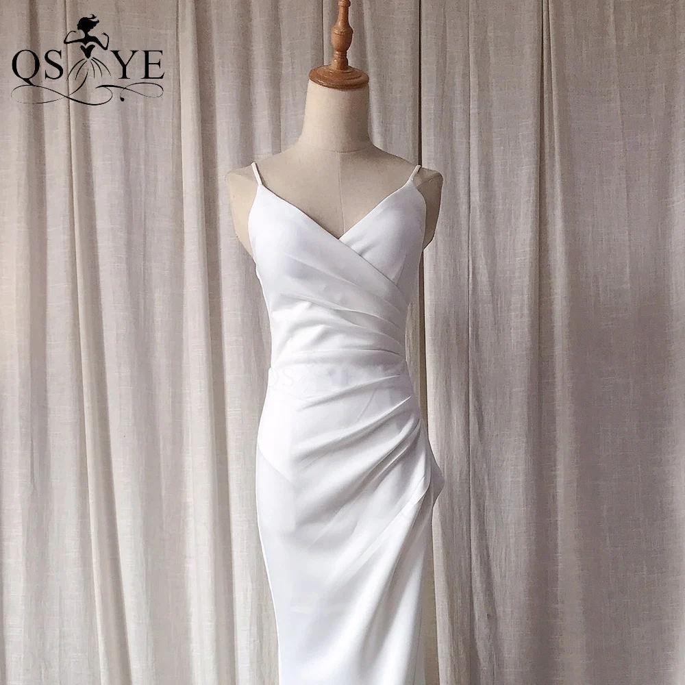 QSYYE Simple White Wedding Dress Front Split White Party Dress Ruched V neck Spaghetti Straps Woman Light White Prom Dress Bride