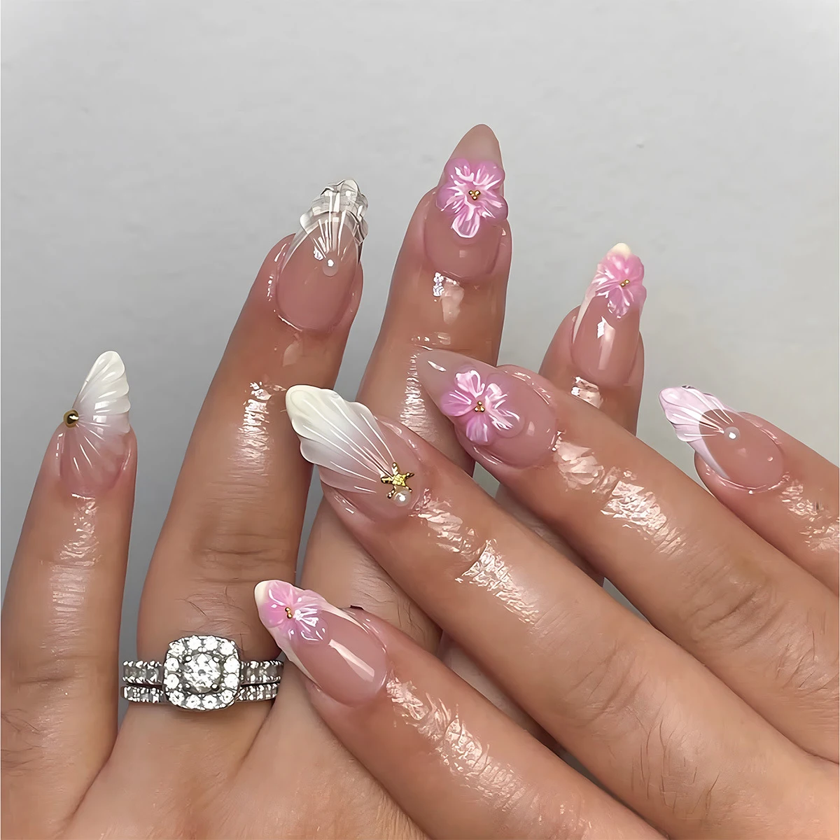 

24pcs Pink Almond Press on Nails Flower Pattern False Nails Wearable Stick-on Nails Fake Nail Накладные Ногти 네일팁 Uñas Postizas