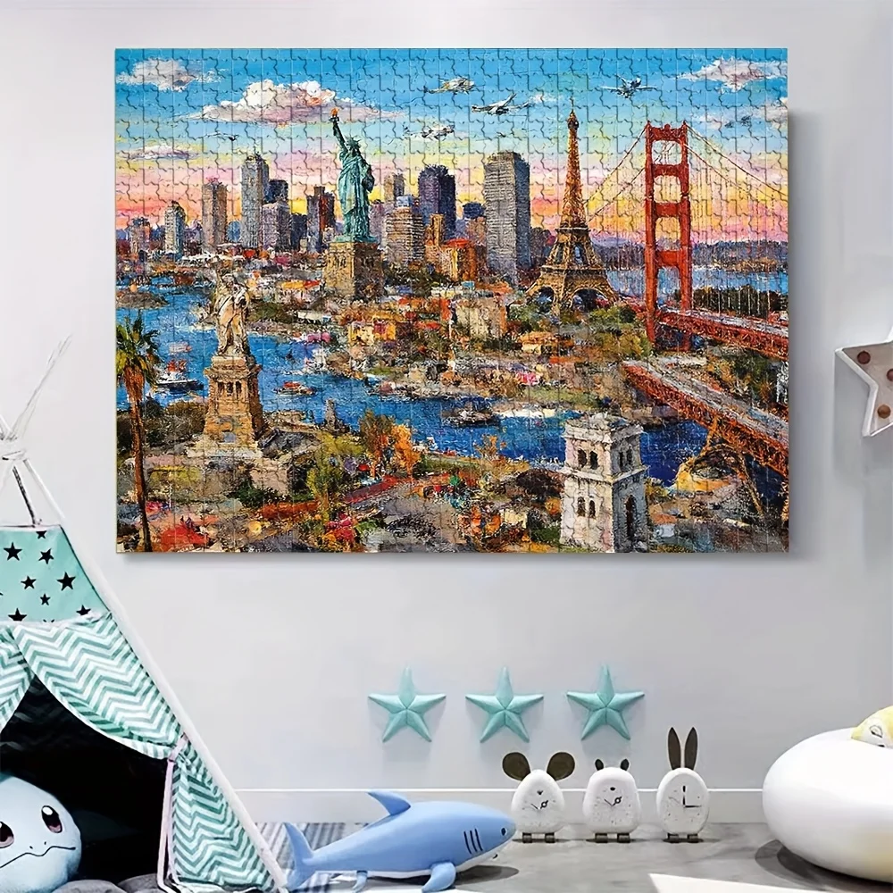 จิ๊กซอว์ภาพทิวทัศน์เมือง 1000 ชิ้น ซานฟรานซิสโก ปารีส นิวยอร์ก - สะพานโกลเด้นเกต อนุสาวรีย์เทพีเสรีภาพ และหอไอเฟล จิ๊กซอว์แผนที่ขนาดใหญ่