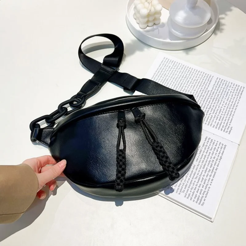 Stylish Solid Black Waist Packs For Women Aesthetic Braid Zipper Fanny Pack Lady Waist Bag Wide Strap Chain Crossbody Chest Bag