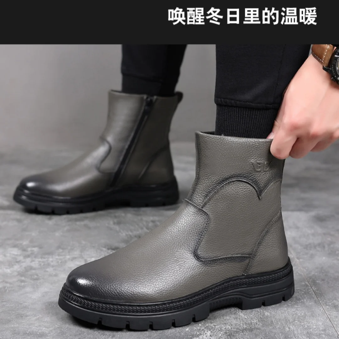 Winter Men's Cotton Shoes With Fleece Lining Warm High Top Leather Outsole Breathable Casual Shoes For Outdoor Snowy Terrain