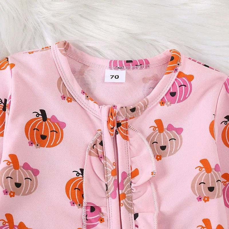 Baby Girls Halloween Romper Pumpkin Print Ruffles Zipper Long Sleeve Jumpsuits Headband Newborn Clothes 0-12M