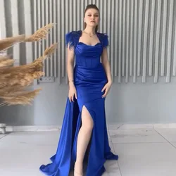 Eightale Vintage Evening Dresses V-Neck Satin Royal Blue Cap Sleeves Beads Mermaid Prom Wedding Party Gown Vestido De Fiesta