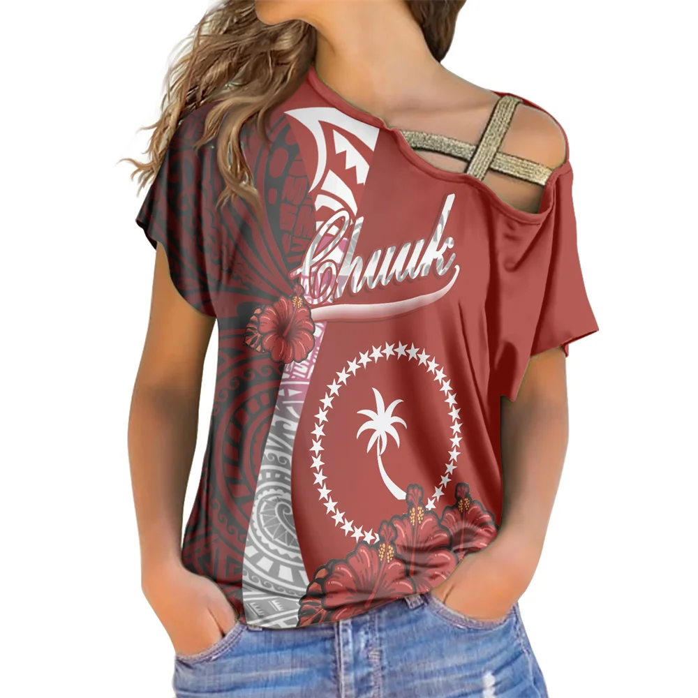 Fashionable Short Sleeve Loose One Shoulder Top Lady Polynesian Tribal Chuuk Island Floral Print Custom Irregular T-shirt Summer