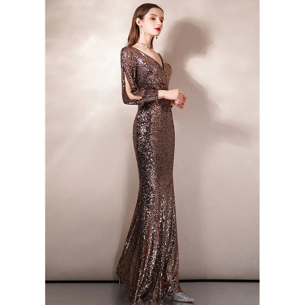 DEERVEADO Elegant V Neck Mermaid Sequins Evening Dress Long Formal Occasion Party Maxi Dress Evening Gown 16255