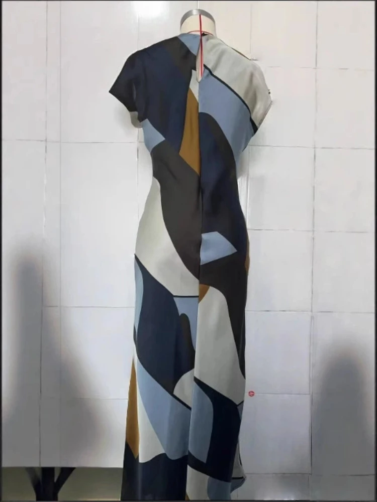 2025 verão impressão geométrica vestido de cetim feminino elegante com decote em v midi vestido de luxo seda toque vestido formal escritório festa robe