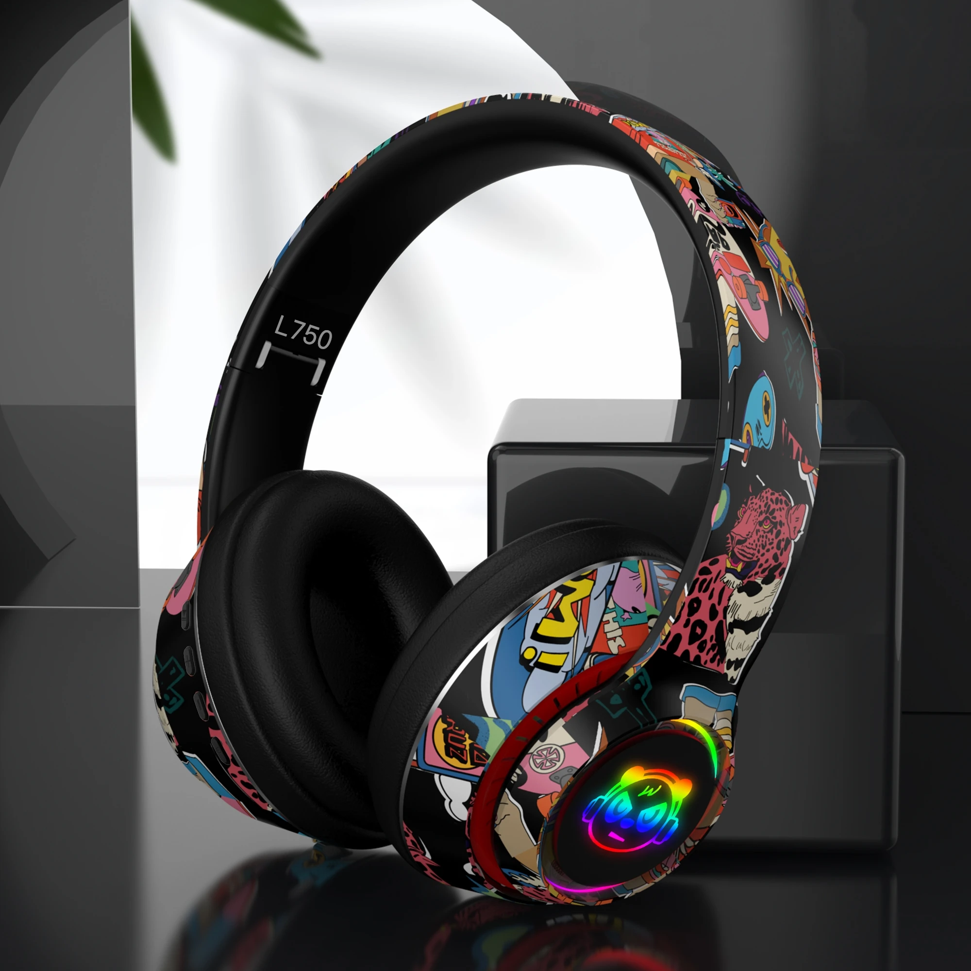 Graffiti Headphones Bluetooth 5.1 DJ Headset Wireless Gamer  with Mic RGB LED Light For Kids PC Gamer Earphone Support TF Card