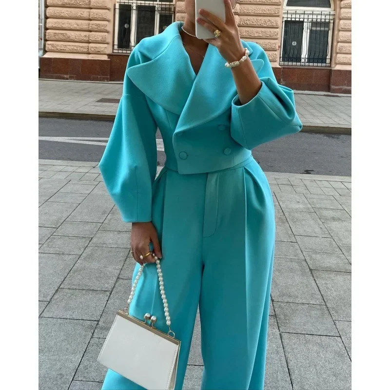 Women 2pcs Clothes Set Solid Color Polo Collar Long Sleeve Blazer Jacket Coat & High Waist Wide Leg Loose Pants