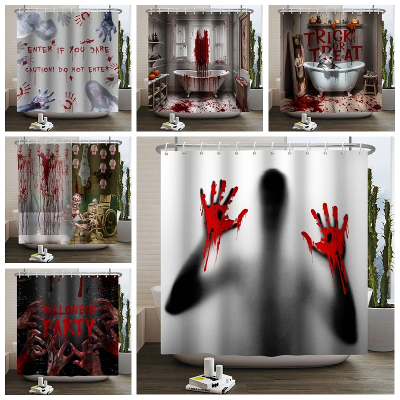 

Halloween Party Shower Curtain Help Me with Bloodys Hands for Halloween Bathroom Decorations Horror Bath Curtains Waterproof