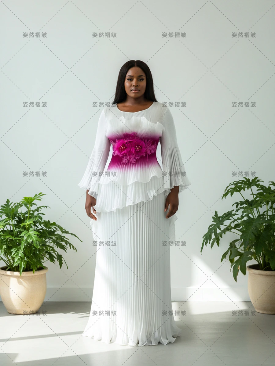 

Plus Size Flower Maxi Dress Luxury Plisse Chiffon Fuchsia Gradient Ruffle Flare Sleeve Long Dress Formal Evening Party Prom Gown