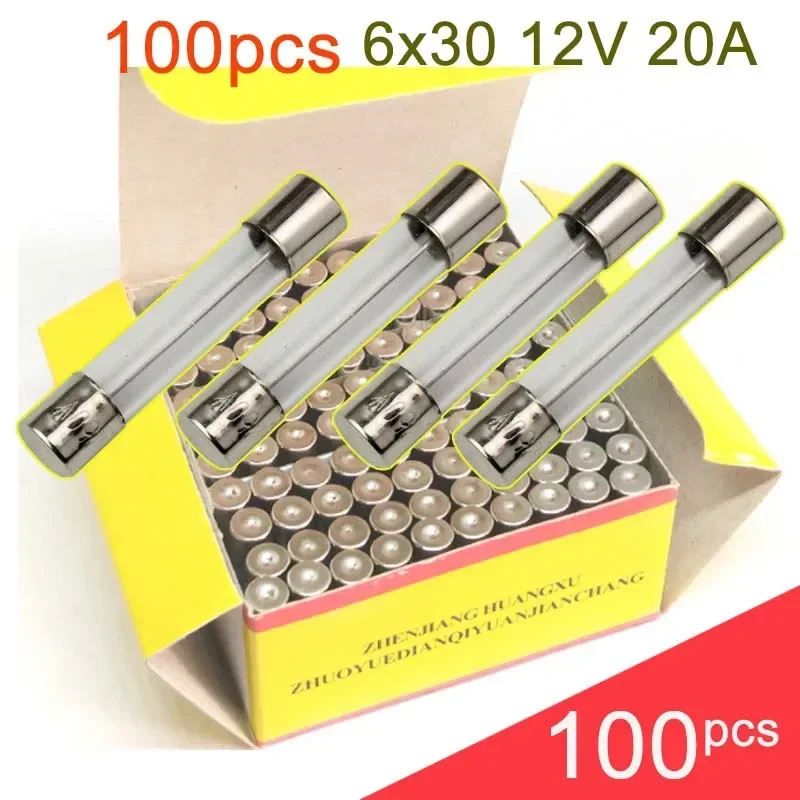 100pcs Glass Fuse Tubes 6x30 12V 20A Double Solder Protection for Motorcycle Moped Scooter ATV Go Kart Motorbike E-bike