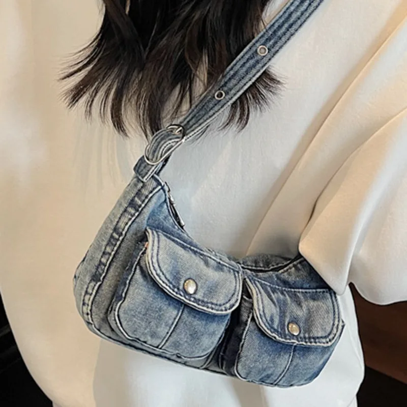 

Richme Vintage Denim Women's Bag 2025 Moto Style Punk Underarm Shoulder Bags Female Fashion Casual Daily Commute Bolso Mujer