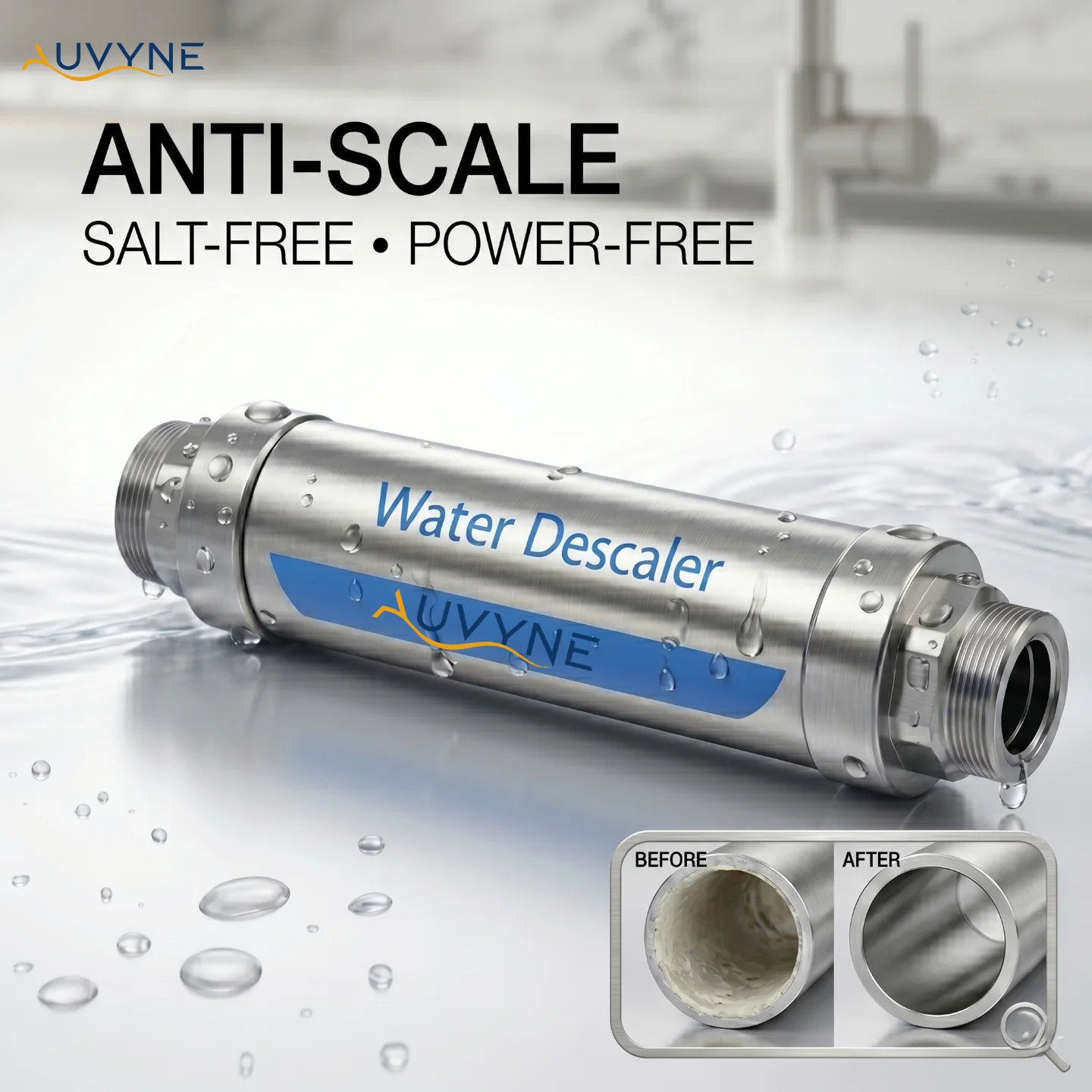 AUVYNE Whole House Salt-Free Water Descaler Power-Free Stainless Steel IPS Physical Softener Anti-Scale Inhibitor for Home Pipes