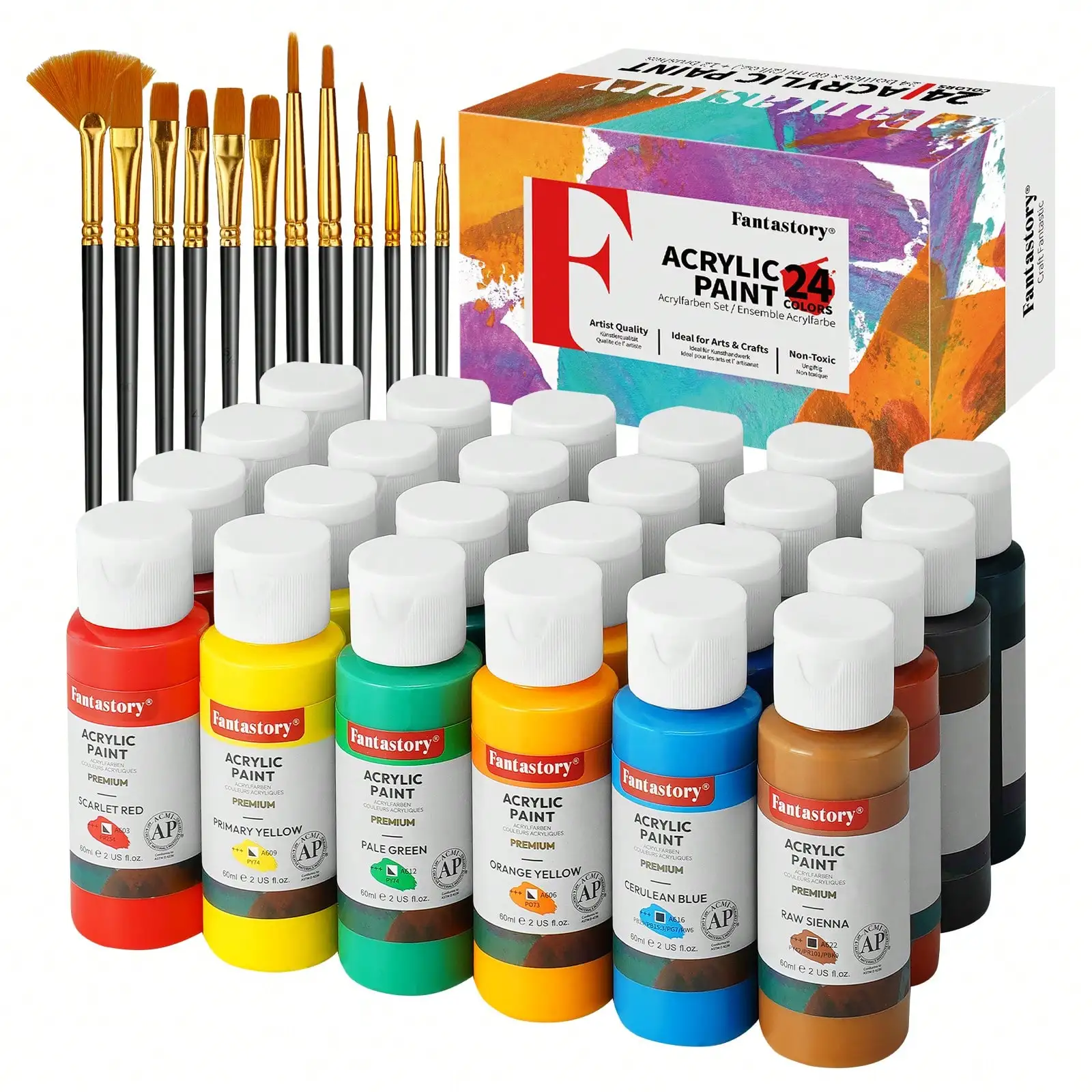 24 Colors Acrylic Paint Set 2oz Each with 12 Brushes Fade Resistant Waterproof for Canvas Wood Glass