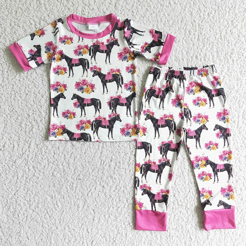 Western Horse Floral Children Nightclothes Clothing Baby Girl Flower Sleepwear Clothes Set Pants Wholesale Infant Pajamas Outfit