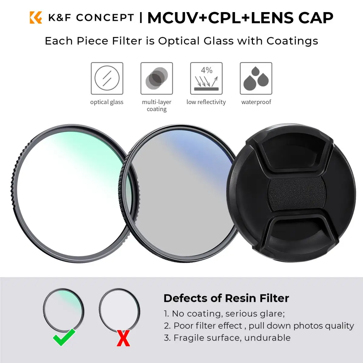 K&F Concept Nano K Series 82mm Camera UV + Polarizing Lens Filter + Lens Cap Kit 3pcs of Cleaning Cloths & Filter Pouch Included