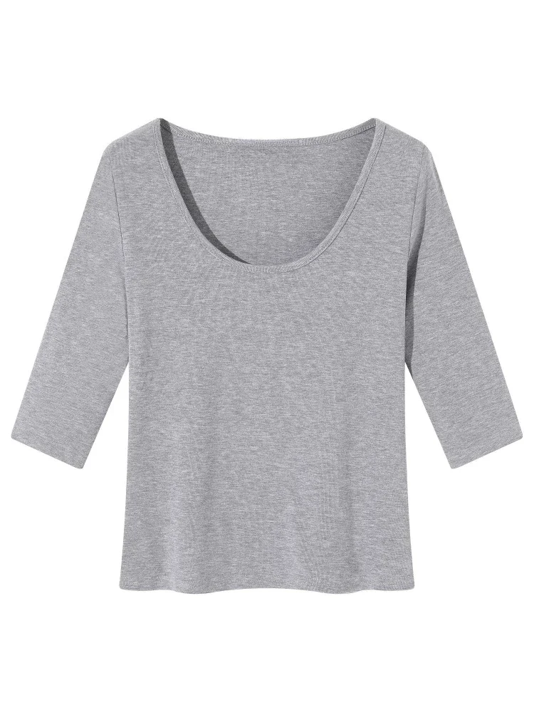 AOSSVIAO 2026 Herbst Neues Damen-T-Shirt Trendiges U-Ausschnitt Dreiviertelärmel-T-Shirt Minimalistisches Weißes Einfarbiges Vielseitiges Lässiges Oberteil – Detail 3