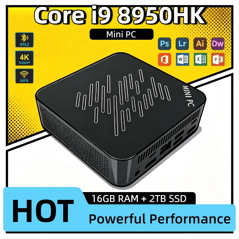 Intel Core i9 8950HK Compact Mini PC 16GB 2TB NVMe SSD Triple 4K Output WiFi6 Efficient Cooling Home Office Mini Computer