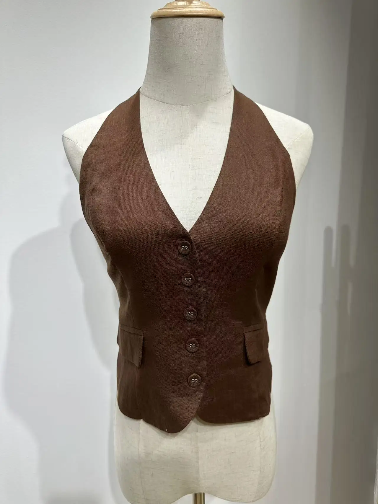 

2-Colors Women Linen Vest Coat Backless Halter V-Neck Sleeveless Single Breasted Sexy Female Tank Tops