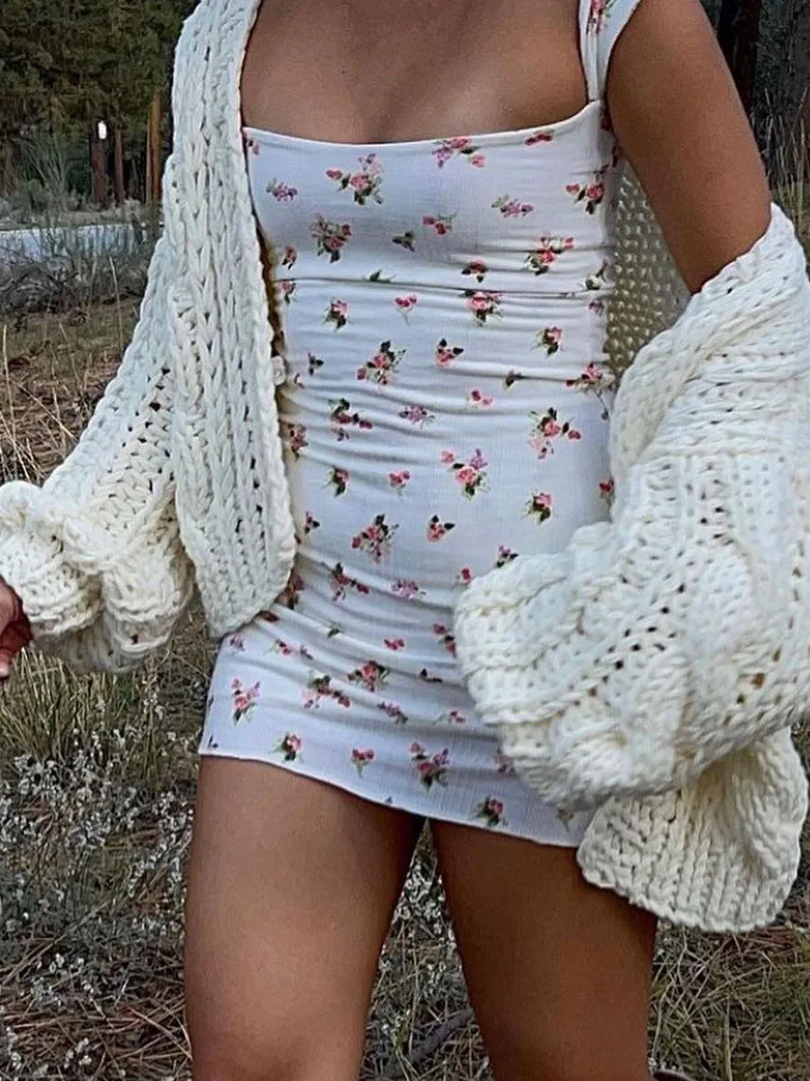 Women Y2K Print Mini Dress Backless Sleeveless Floral Short Bodycon Dress 90s Girls Vintage Elegant Dress Streetwear