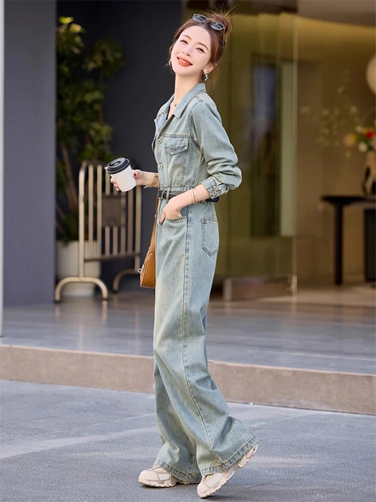 Tuta di jeans semplice alla moda in stile americano autunno donna manica lunga monopetto dritto generale streetwear femminile