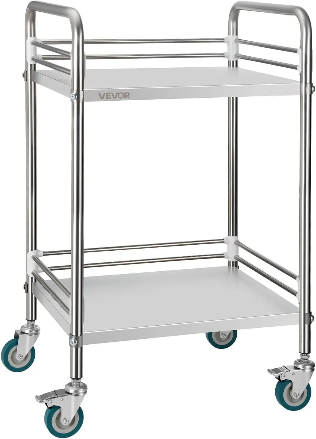 Stainless Steel Rolling Cart, 2-Tier Metal Utility Cart with Lockable Wheels, Medical Serving Trolley Clinic Tray, Mobile Servic