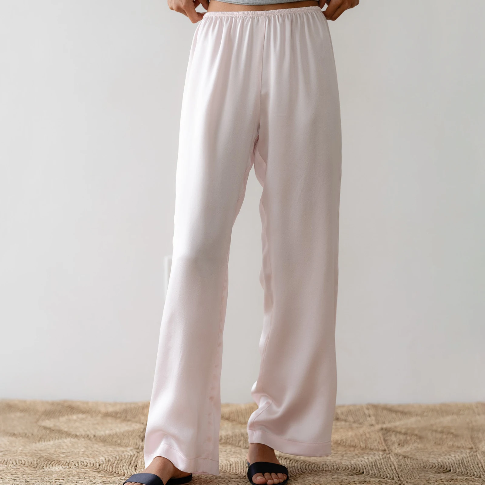 Womens Solid Silk Lounge Pants Elastic Waistband Wide Leg Casual Pull On Trousers