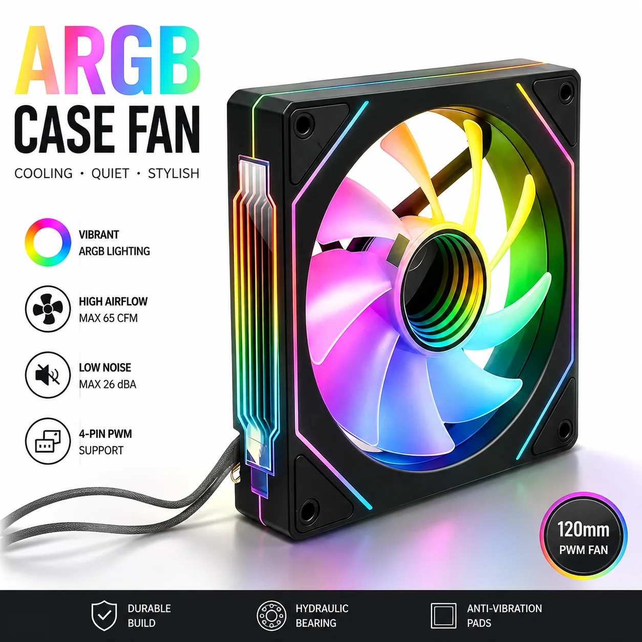 Prism 5 Pro 12CM ARGB Case Fan Silent PWM 120mm PC Cooling Fan High Airflow RGB LED Quiet Computer Chassis Fan 5V 3Pin ARGB Sync