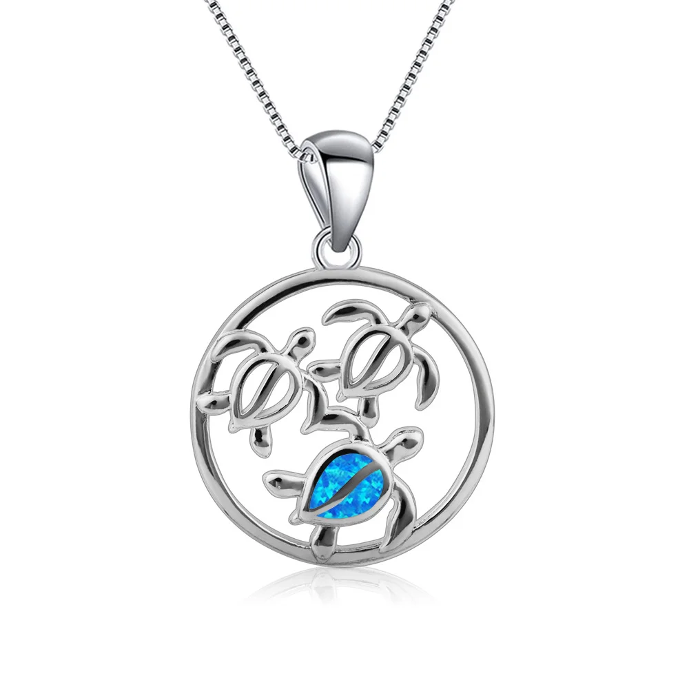 Sea Turtle Pendant Necklace,3 Turtle Design with Blue Opal Gemstone,Silver Color Ocean Theme Jewelry,Minimalist Gift for Women