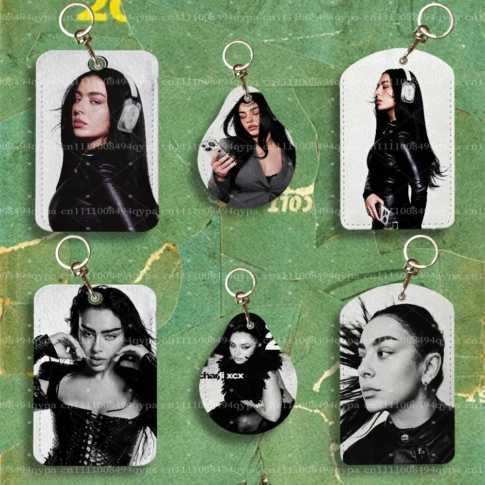 C-Charli Xcx Music Fashion Film Leather 2 Sided ID Card Holder with Keychain Protection For Bank Credit Subway Bus Case