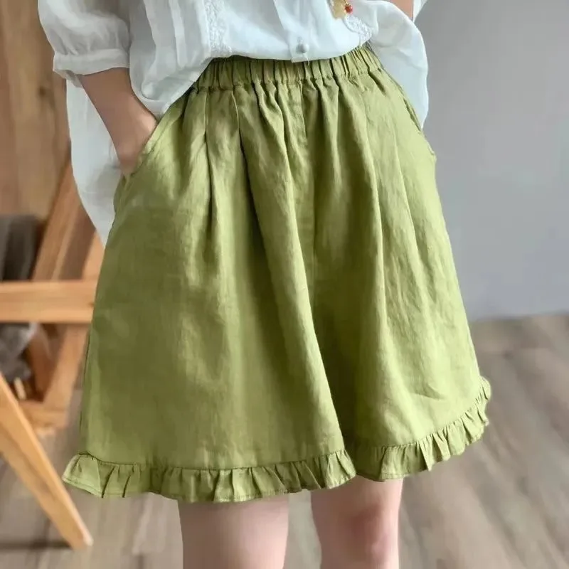 2026 Summer Cotton Linen Shorts Women Retro Ruffled Tie Elastic Waist Wide Leg Casual Loose Shorts