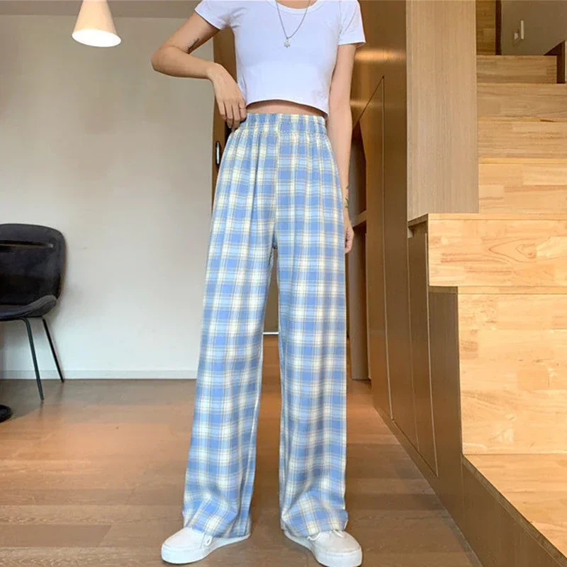 Womens Plaid Wide-leg Pants Spring Summer Thin Girlish Style Fresh Lovely Simple Loose Trousers Y2K Elastic Waist Straight Pants