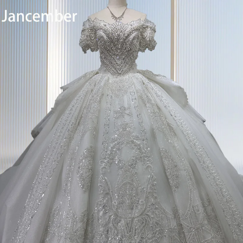 

Jancember Sequins Boat Neck Short Sleeves Beading Ball Gown Chapel Train Romantic Wedding Dress With Neck Accessories XS009