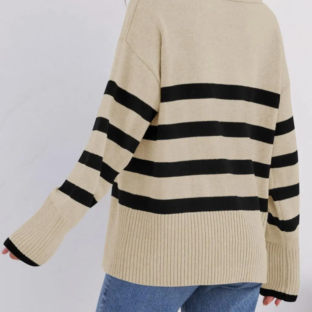 

Women's Basic Loose Long Sleeve Striped Sweater Autumn Winter Versatile Outerwear Lapel Style Casual Fashion Top