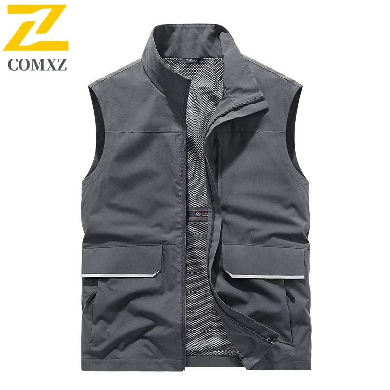 New Autumn Vest Jacket Men's Casual Windproof Big Pocket Sleeveless Work Jacket Plus Size Fishing Reflective Strip Vests Coat