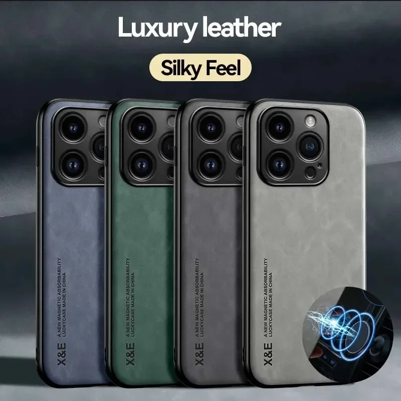 Funda de Cuero de Lujo para iPhone 17 16 16e 15 14 13 12 11 Pro Max Plus 12 13 Mini SE 8 7 con Placa Metálica para Soporte de Auto