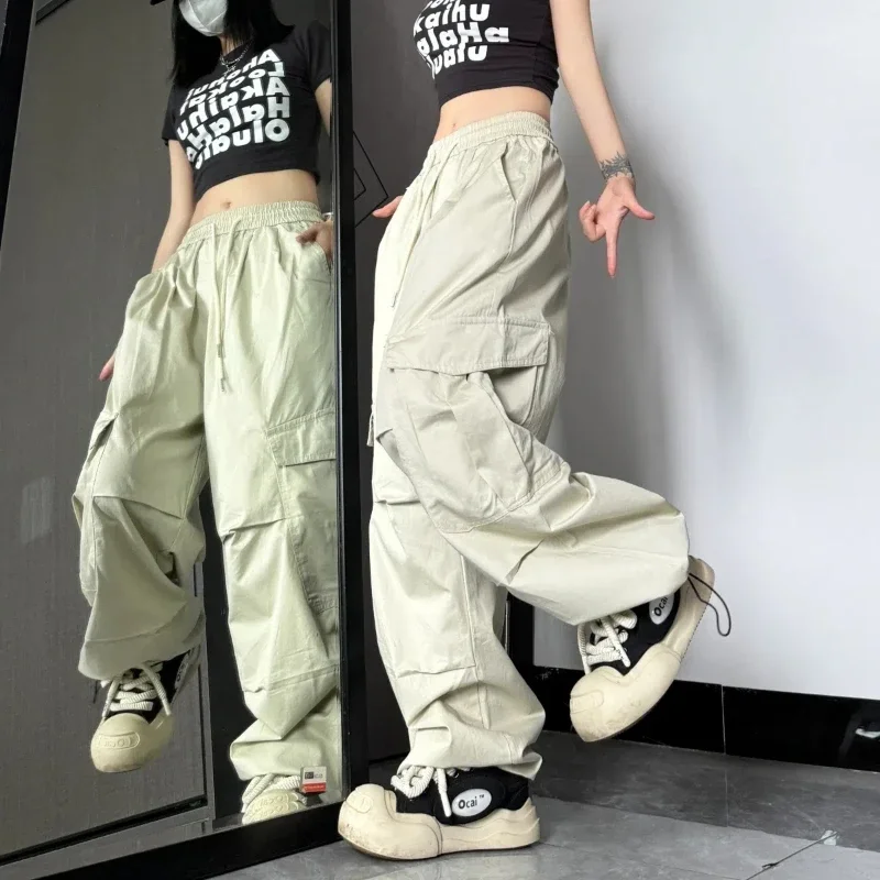 Summer Cargo Pants Women's Elastic High Waist Drawstring Solid Spliced Pockets Loose Breathable Straight Hip Hop Casual Trousers