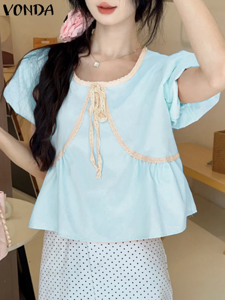 

VONDA Elegant Lace Blouse 2025 Summer Tops Casual Short Puff Sleeve Bow Shirts Women Loose O-Neck Korean Blusas Fashion Tops