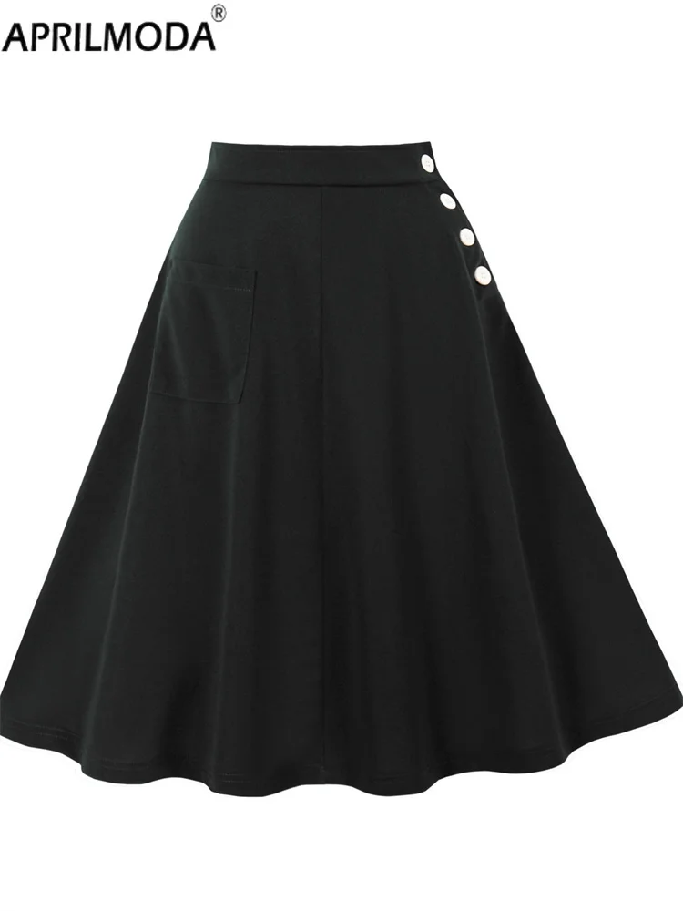 تنانير صيفية غير رسمية طويلة متوسطة الطول بخصر عالٍ للسيدات لعام 2025 مع جيب تنورة مسائية كلاسيكية على شكل حرف A 50s 60s