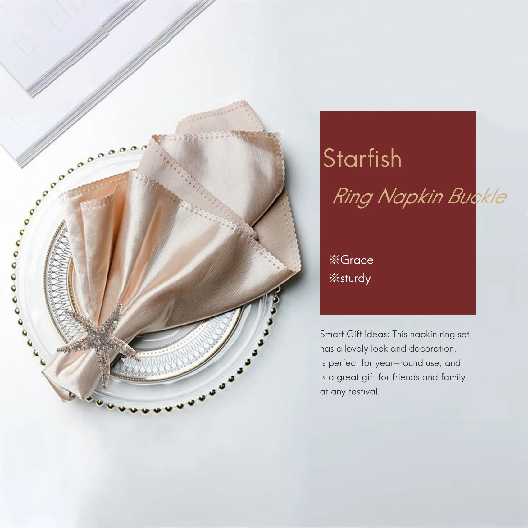 

AA81-8 Pack Crystal Starfish Napkin Rings,Rhinestone Napkin Ring Napkin Holders For Wedding Party, Beach Table Decor