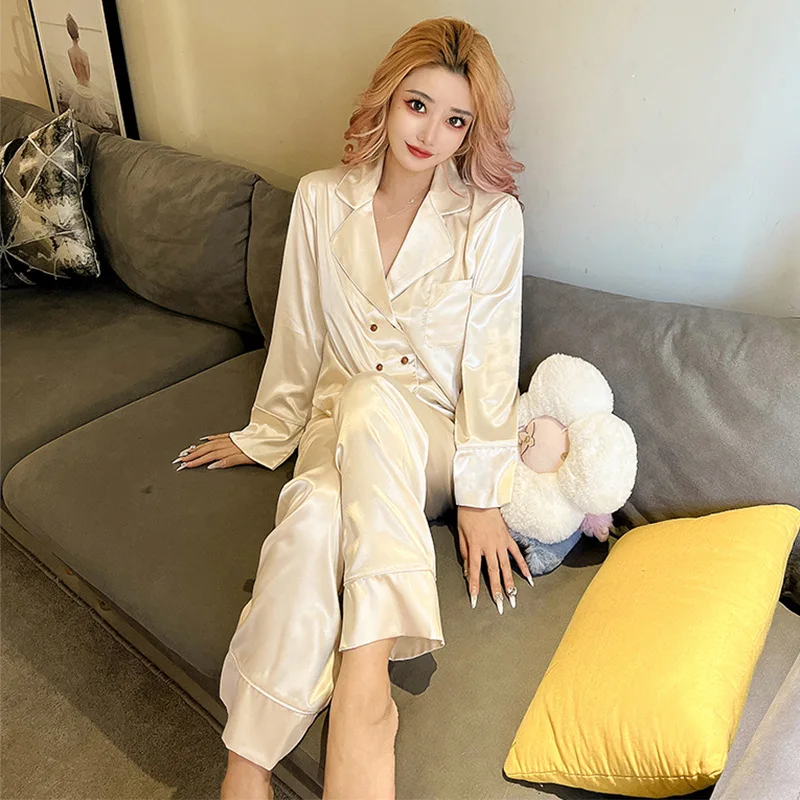 Spring Summer Pajamas Women's Long Sleeved Pants Pijama Suit High-end Lapel Cardigan Home Clothing Silky Smooth Sleepwear Set