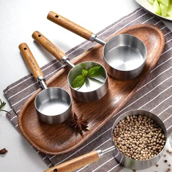 8Pcs Stainless Steel Measuring Cup Spoon Sets Wooden Handle Coffee Flour Scoop Bartending Scale Kitchen Cooking Gadget Sets