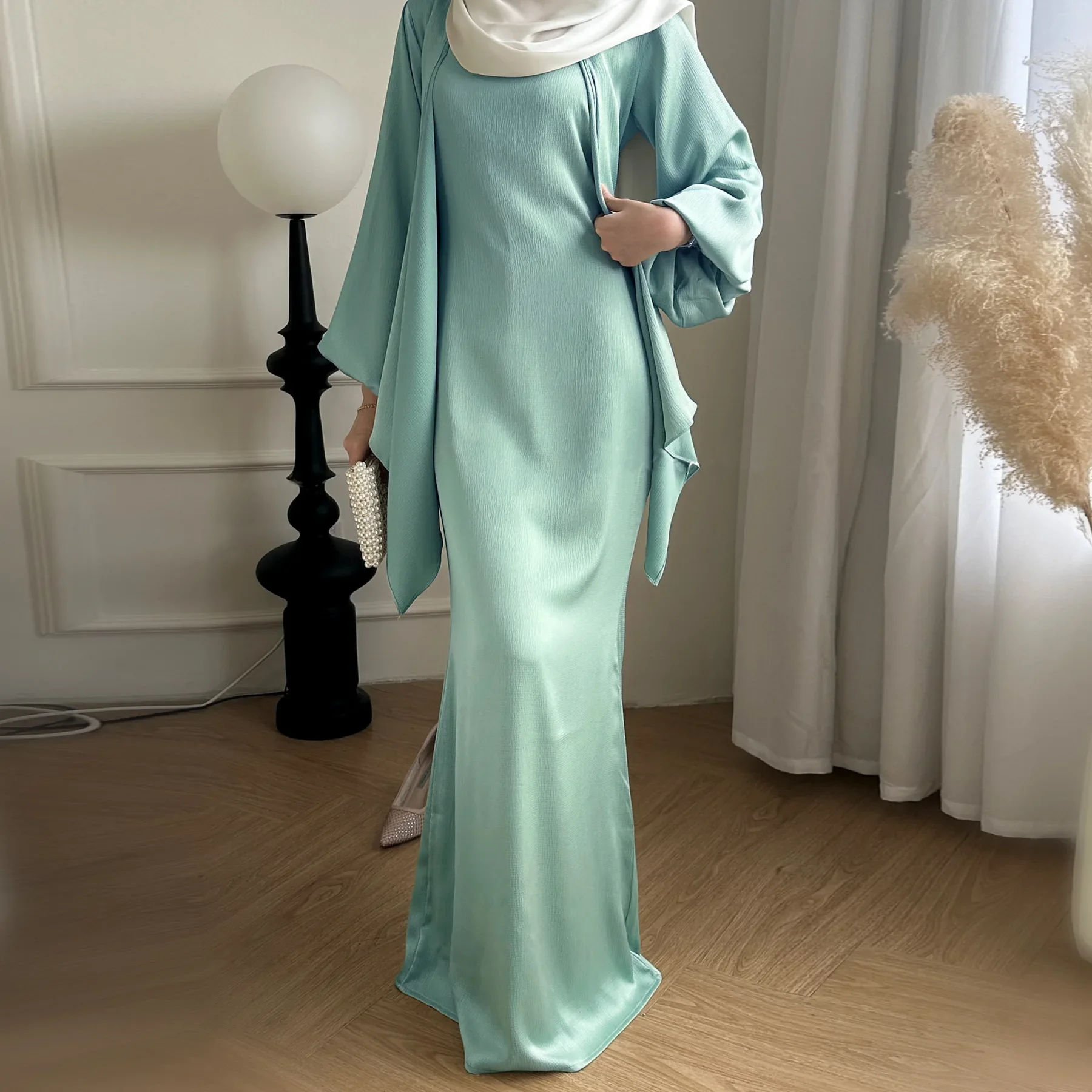 2 Piece Sets Women Outfit Satin Muslim Top and Dress Set Woman Shirt Blouses Kimono Luxury Islamic Clothing Matching Suit Turkey