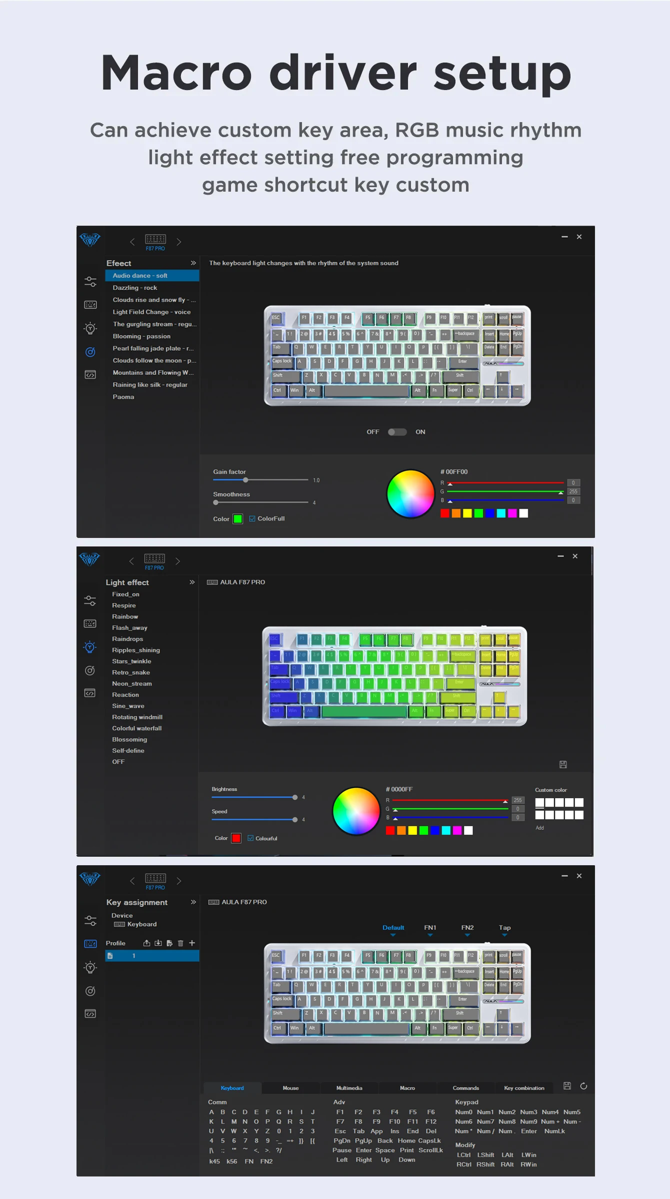 AULA F87 Pro Mechanische Tastatur, 2,4 g/USB/Bluetooth, Tri-Modus, kabellos, 87 Tasten, RGB-PBT-Dichtung, 5-lagige Schalldämpfung, volle Taste, keine Auswirkungen – Detail 13