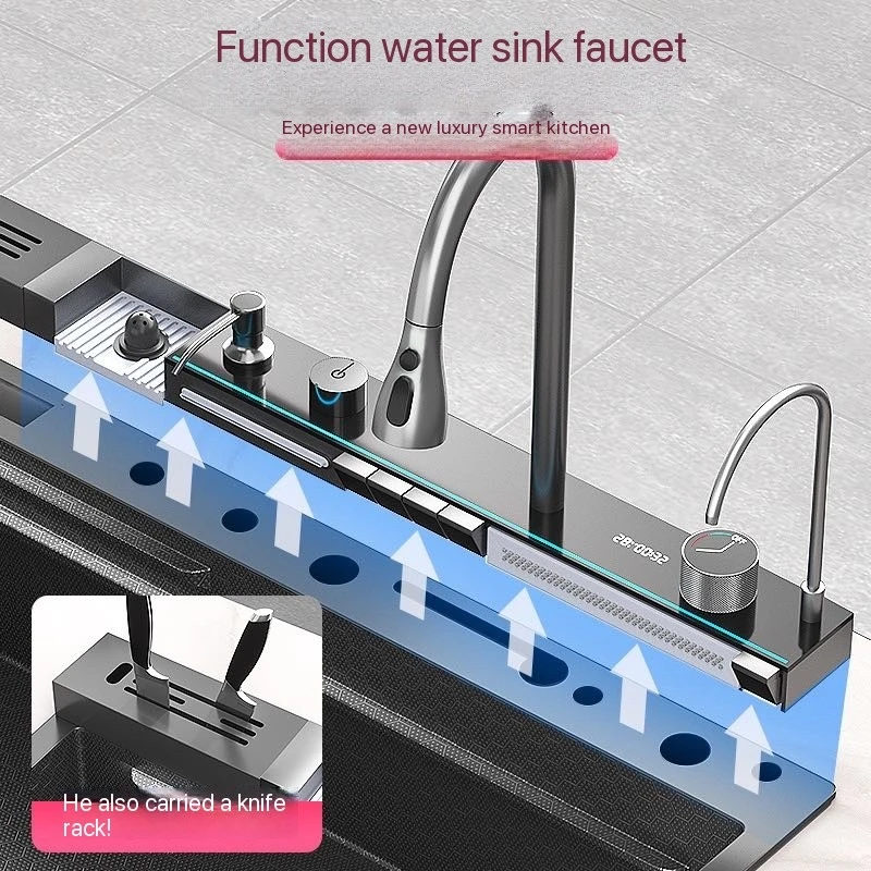 Integrated Waterfall Kitchen Sink Honeycomb Technology Large Digitial Display Stainless Steel Soap Dispenser Cup Washer