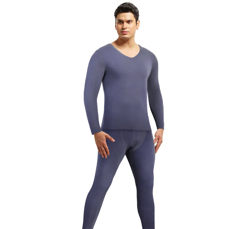 Mens V-neck Set of 2 Thermal Underwear Suit Long Johns Fleece Lined Keep Warm Undershirts Cold Weather Clinging Bottoming Shirts