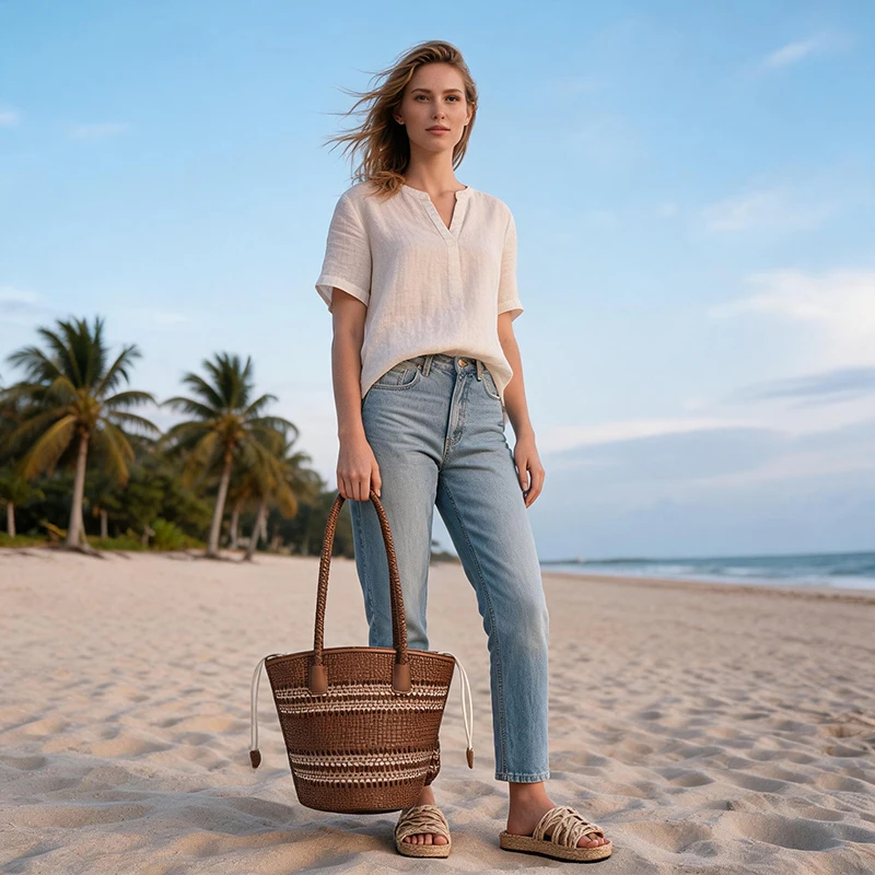 Rattan-Geflecht-Marktkorb-Schultertasche mit passender Geldbörse, handgefertigte gewebte Einkaufstasche für Damen, elegante Tragetasche – Detail 13