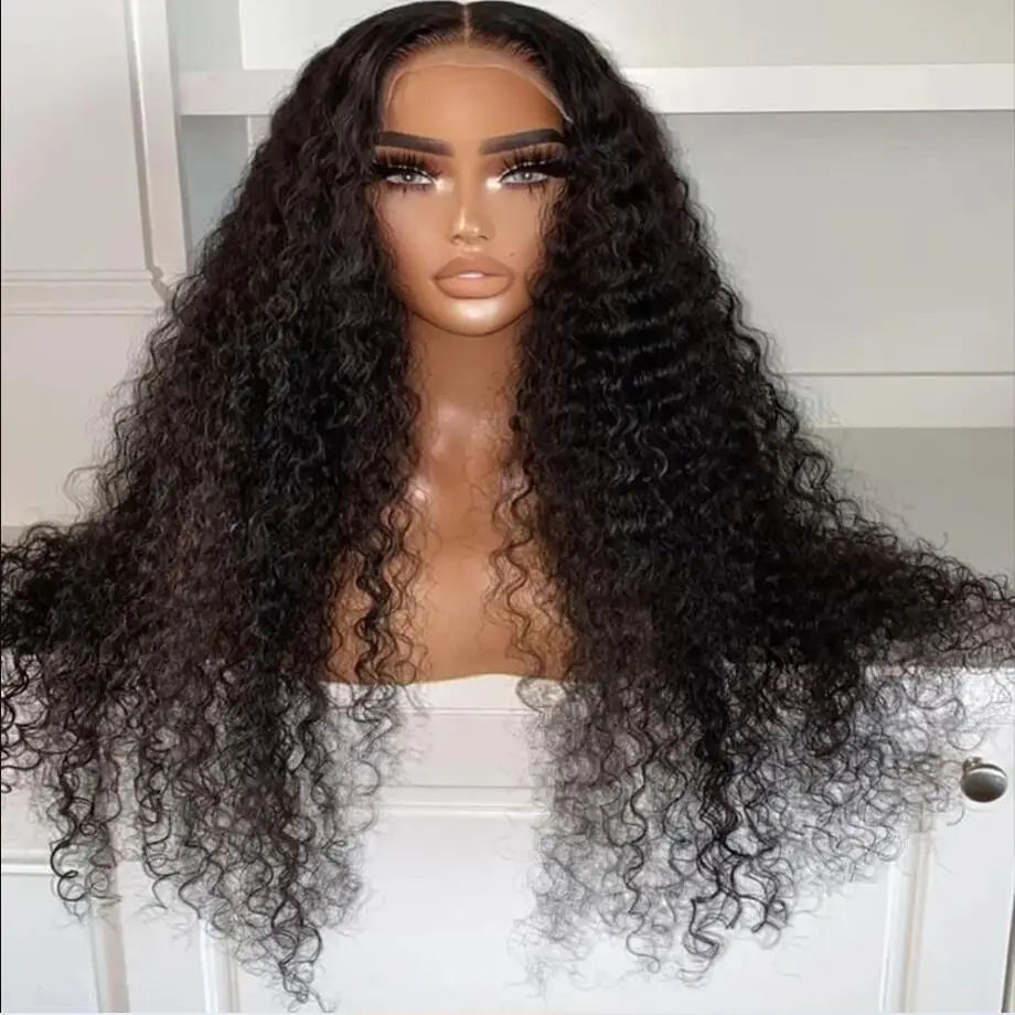 Perruque Lace Front Wig crépue bouclée noire naturelle pour femme, cheveux de bébé, densité 180, 26 pouces de long, sans colle, préplumée, degré de chaleur, 03