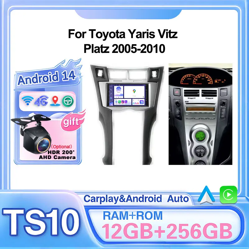 Car For Toyota Yaris Vitz Platz 2005-2010 Android 14 Wireless CarPlay Car Radio Multimedia Navigation Stereo Video Player 5G GPS