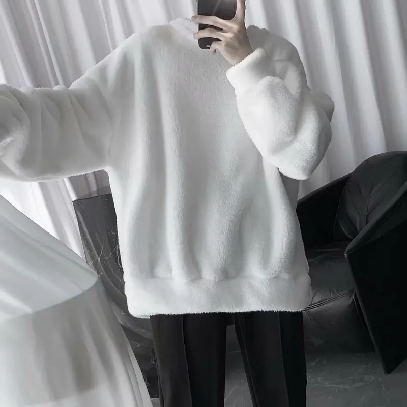 Oversize Sweatshirt Solid Color Lamb Hair O-Neck Long Sleeve Men\'s Sweatshirt Korean Fashion Loose Hoodies Streetwear Harajuku